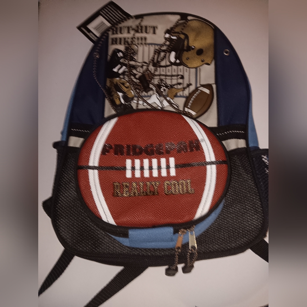 LARGE FOOTBALL BACKPACK BLACK/BLUE MEASURES 16 X 12".